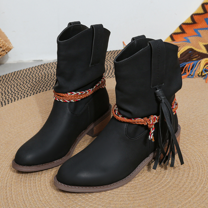 Women’s Vintage Ankle Boots - PU Leather Tassel Cowboy Boots