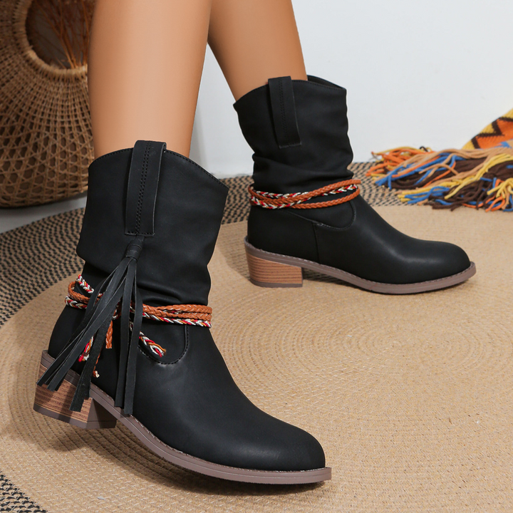 Women’s Vintage Ankle Boots - PU Leather Tassel Cowboy Boots