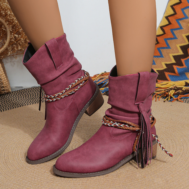 Women’s Vintage Ankle Boots - PU Leather Tassel Cowboy Boots