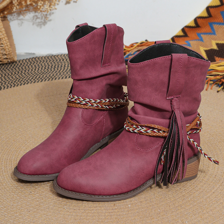Women’s Vintage Ankle Boots - PU Leather Tassel Cowboy Boots