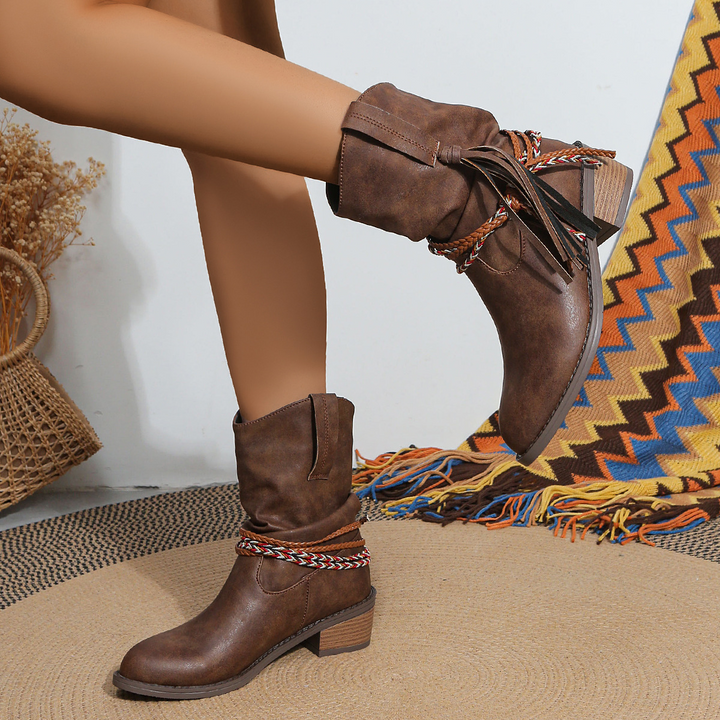 Women’s Vintage Ankle Boots - PU Leather Tassel Cowboy Boots