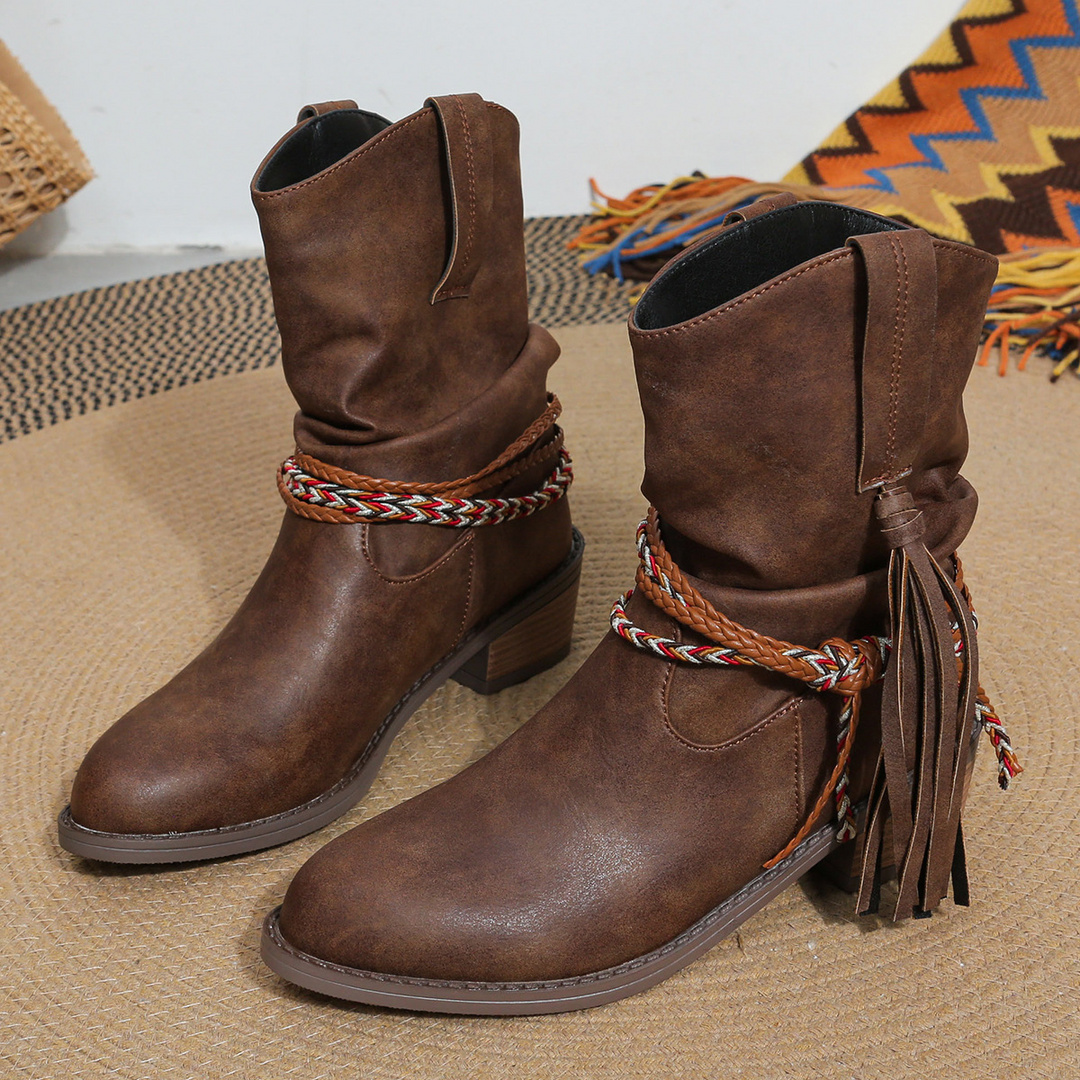 Women’s Vintage Ankle Boots - PU Leather Tassel Cowboy Boots