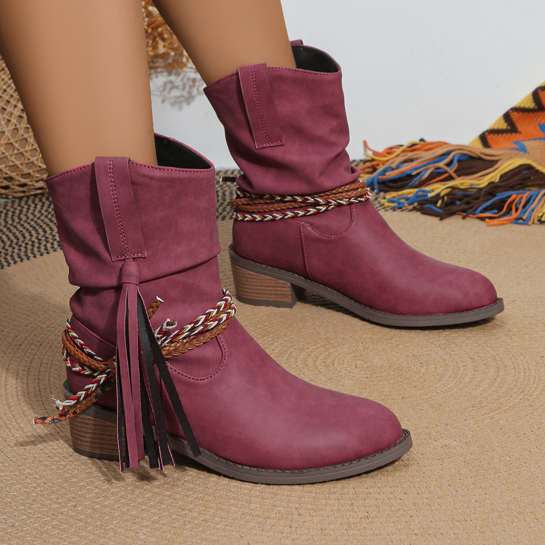 Women’s Vintage Ankle Boots - PU Leather Tassel Cowboy Boots