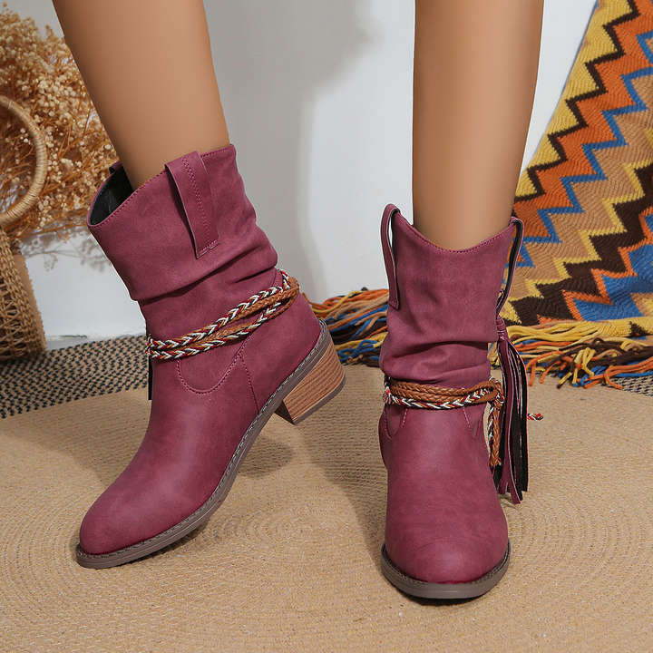 Women’s Vintage Ankle Boots - PU Leather Tassel Cowboy Boots