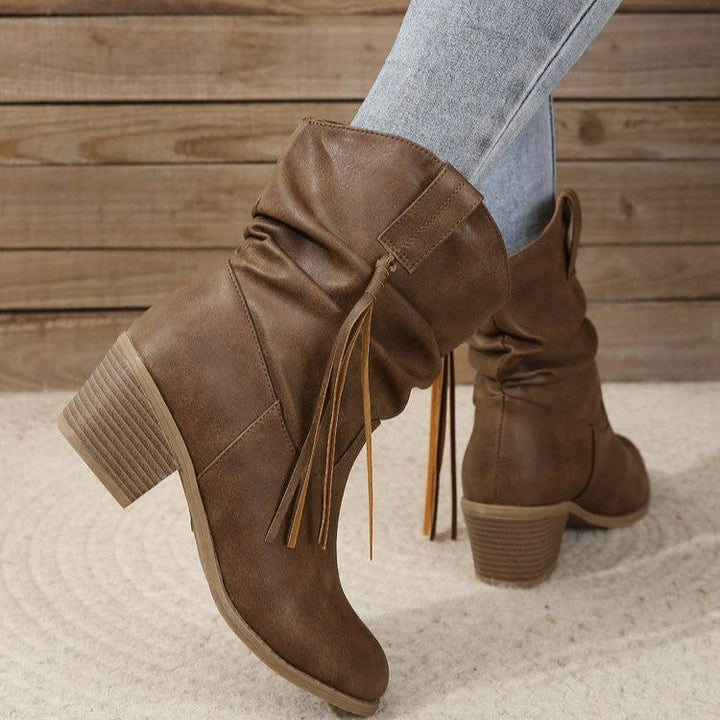 Women’s Cowboy Leather Boots - Thick Sole Western Style Ankle Boots