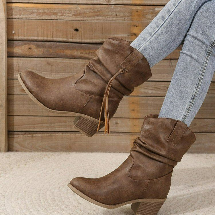 Women’s Cowboy Leather Boots - Thick Sole Western Style Ankle Boots