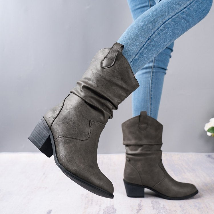 Women’s Cowboy Leather Boots - Thick Sole Western Style Ankle Boots