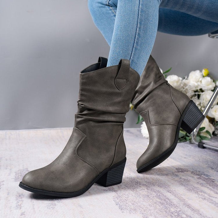 Women’s Cowboy Leather Boots - Thick Sole Western Style Ankle Boots