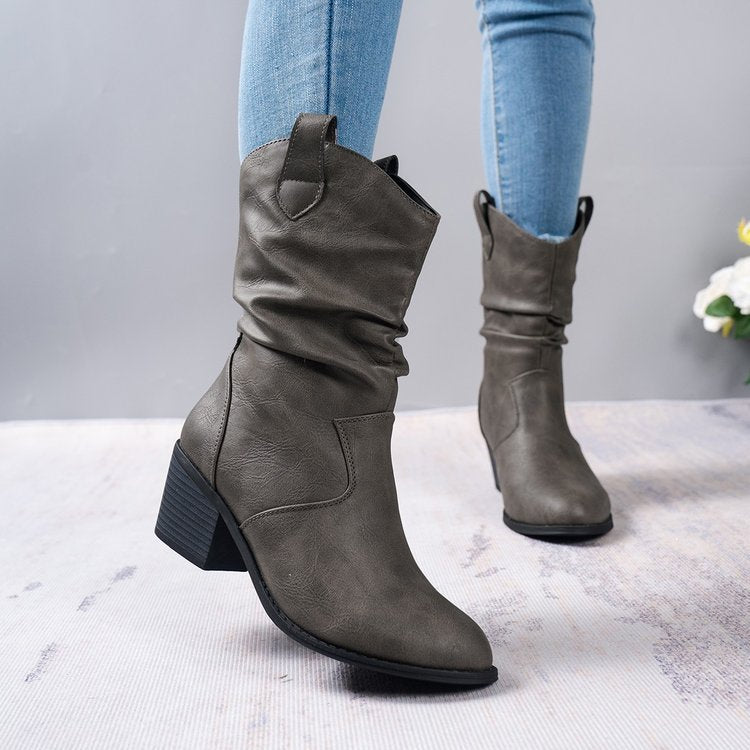 Women’s Cowboy Leather Boots - Thick Sole Western Style Ankle Boots