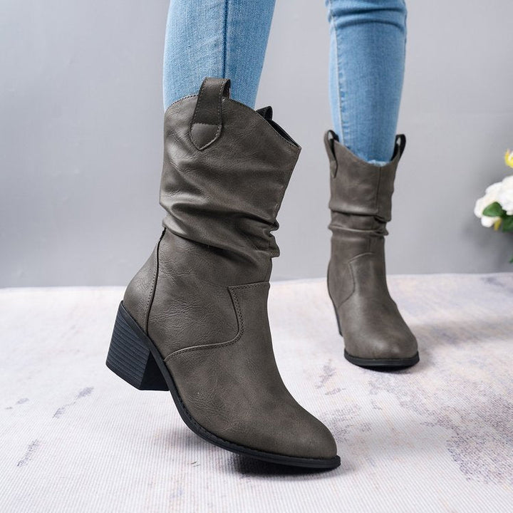 Women’s Cowboy Leather Boots - Thick Sole Western Style Ankle Boots
