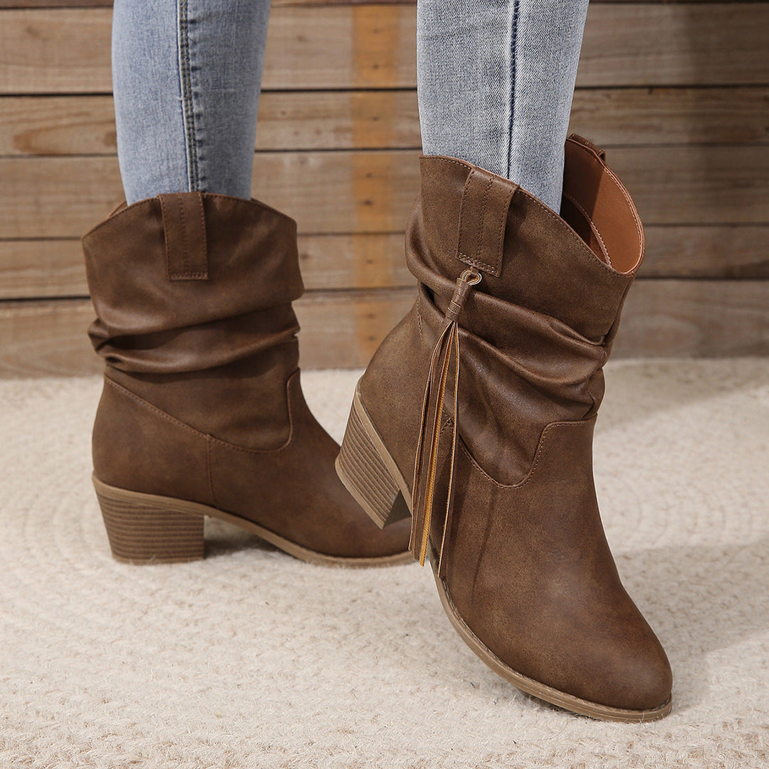Women’s Cowboy Leather Boots - Thick Sole Western Style Ankle Boots