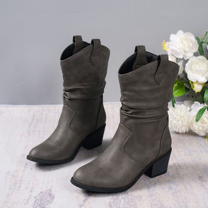 Women’s Cowboy Leather Boots - Thick Sole Western Style Ankle Boots