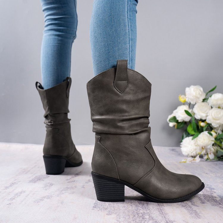 Women’s Cowboy Leather Boots - Thick Sole Western Style Ankle Boots
