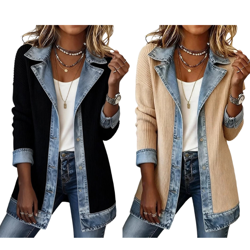 Lisa | Elegant ribbed coat with denim details