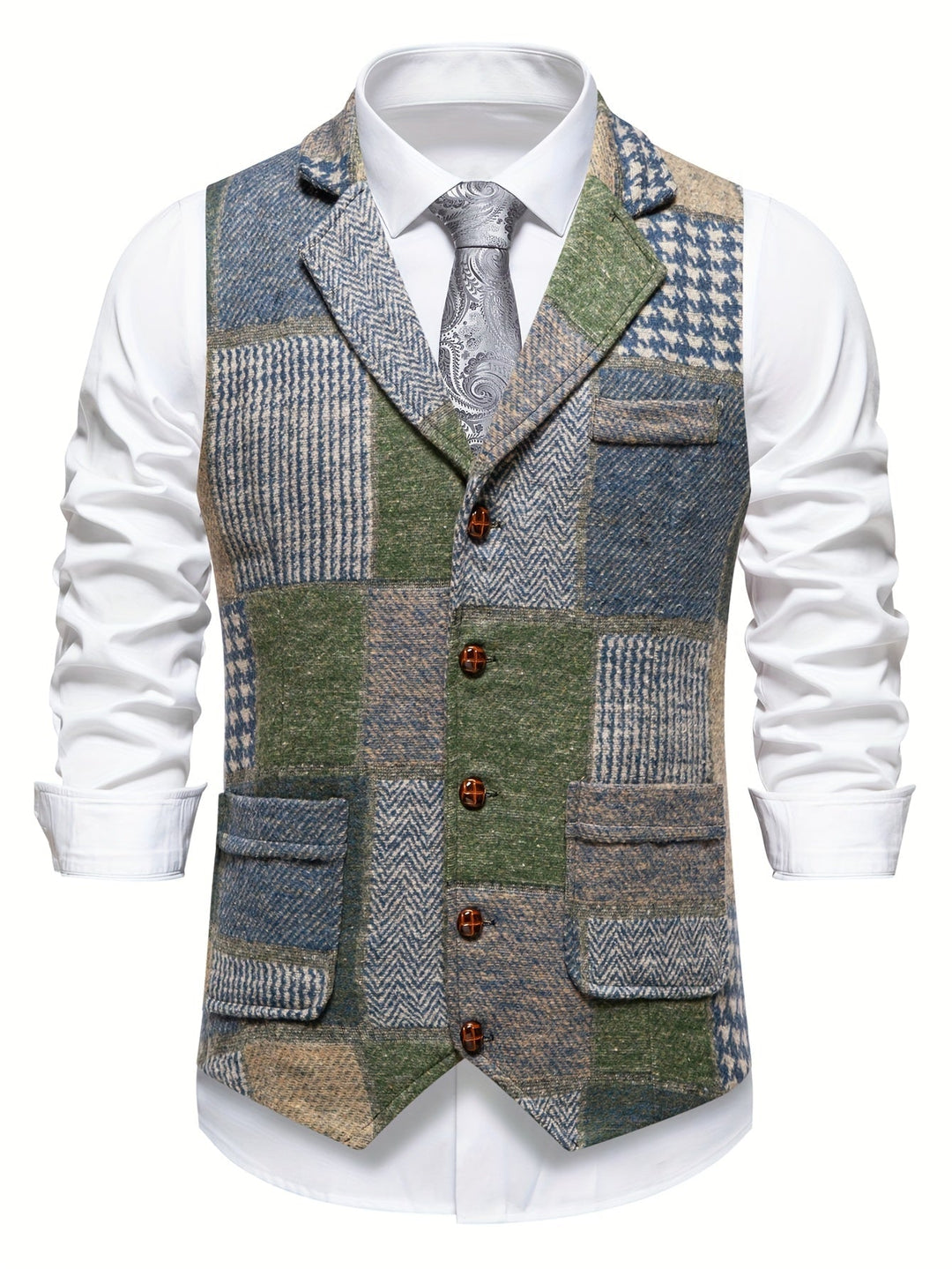 Leo | Patchwork Tweed Waistcoat with Herringbone Pattern