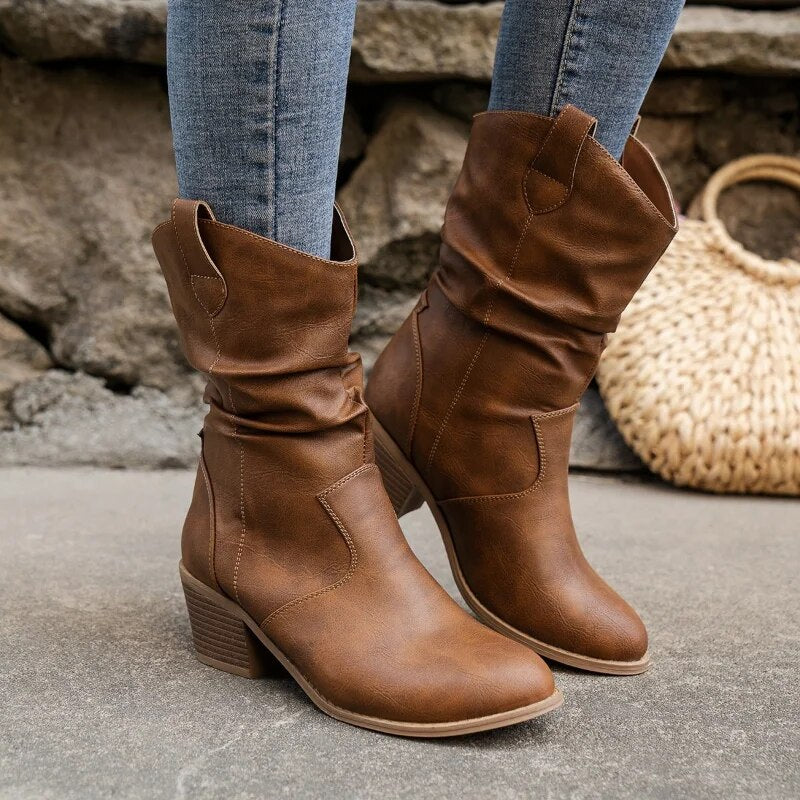 Women’s Cowboy Leather Boots - Thick Sole Western Style Ankle Boots