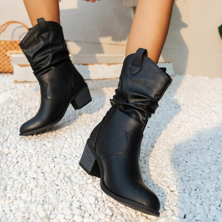 Women’s Cowboy Leather Boots - Thick Sole Western Style Ankle Boots