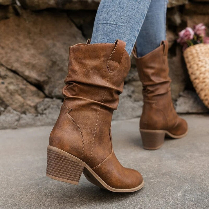 Women’s Cowboy Leather Boots - Thick Sole Western Style Ankle Boots