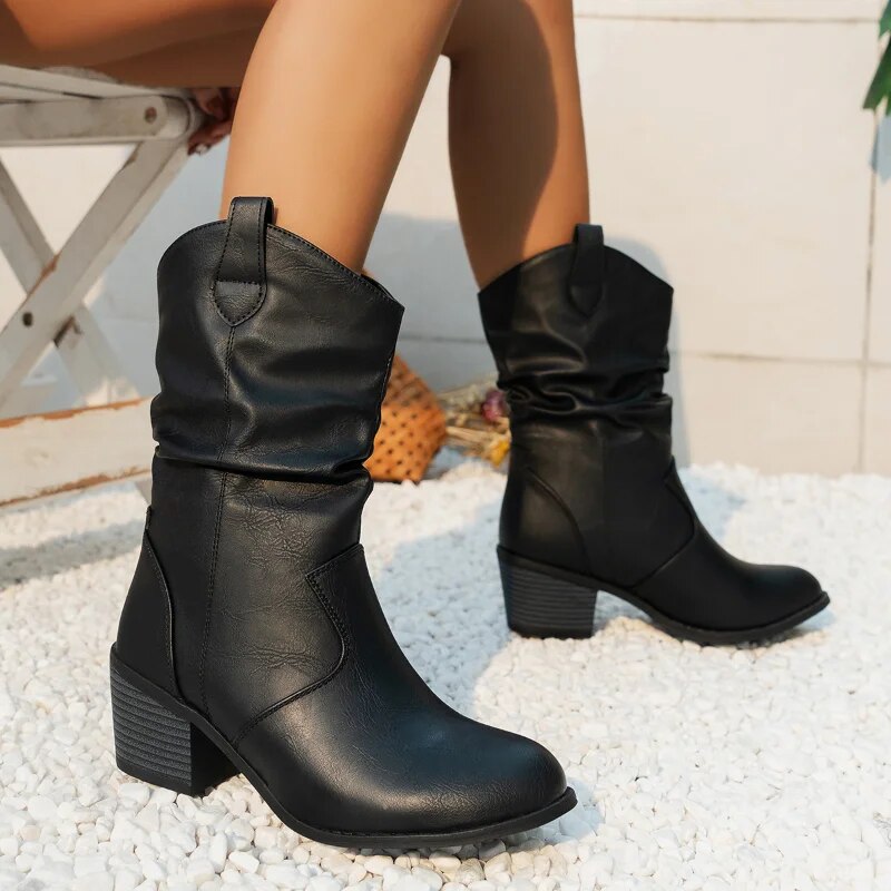 Women’s Cowboy Leather Boots - Thick Sole Western Style Ankle Boots