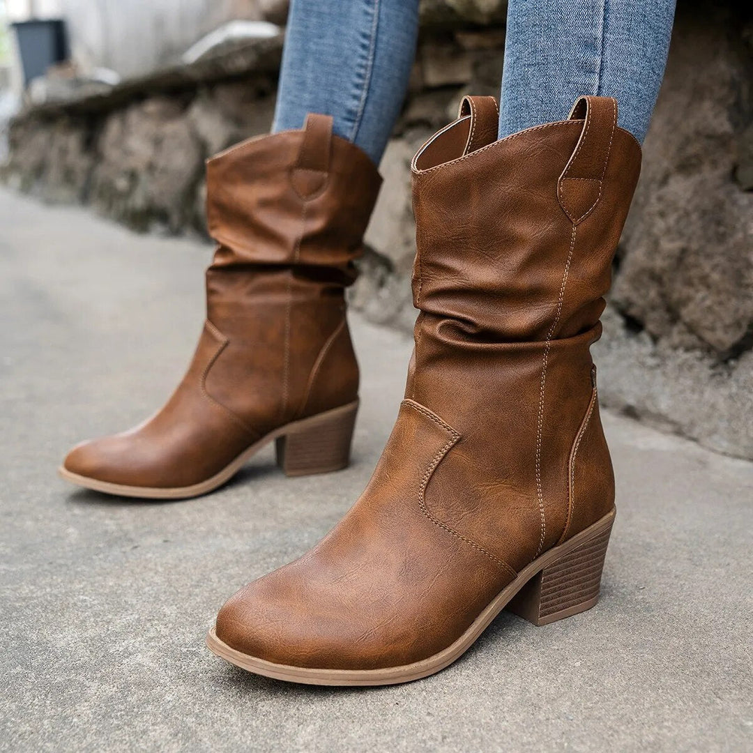 Women’s Cowboy Leather Boots - Thick Sole Western Style Ankle Boots