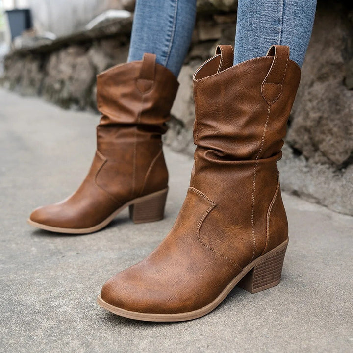 Women’s Cowboy Leather Boots - Thick Sole Western Style Ankle Boots