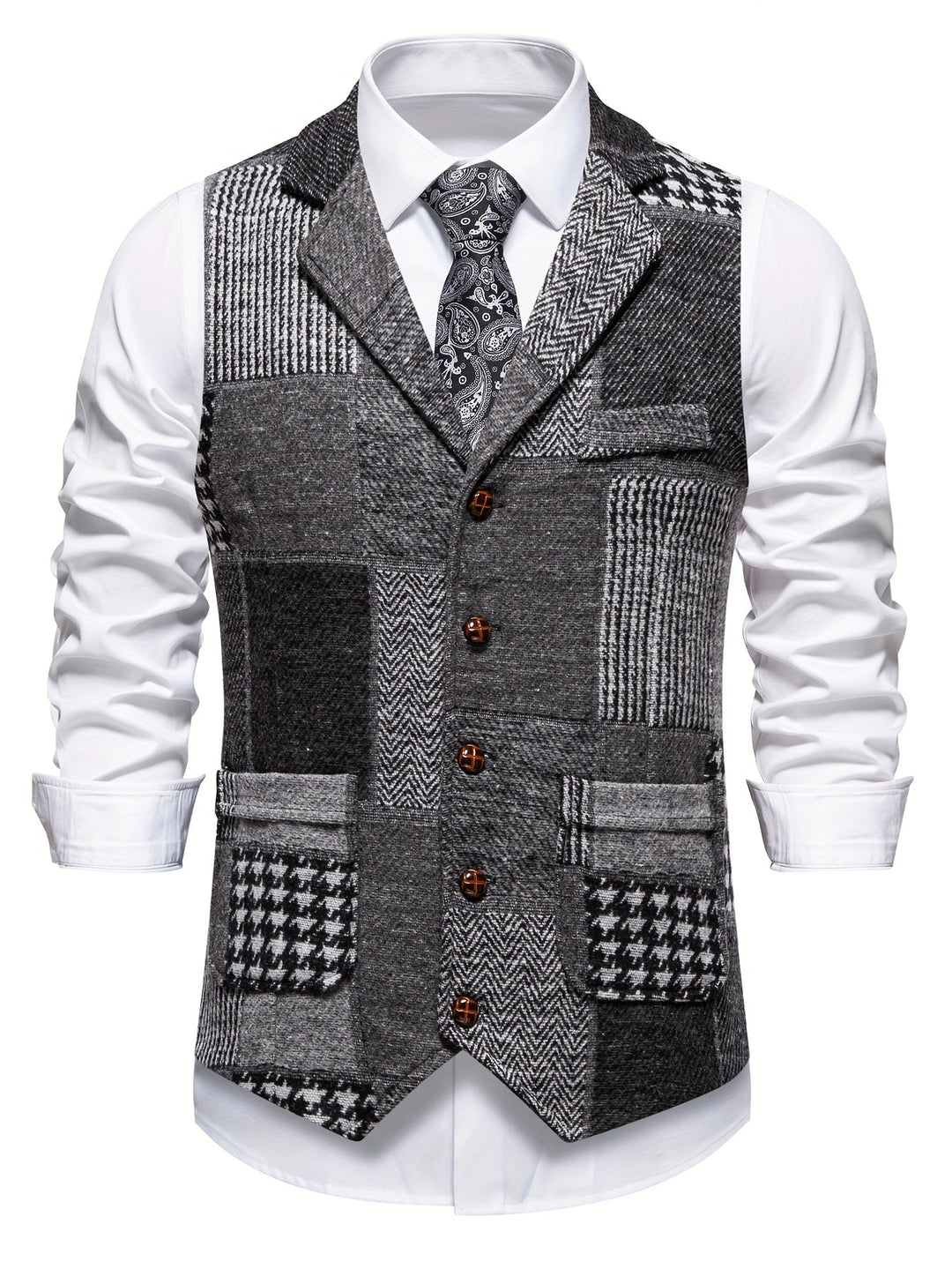 Leo | Patchwork Tweed Waistcoat with Herringbone Pattern
