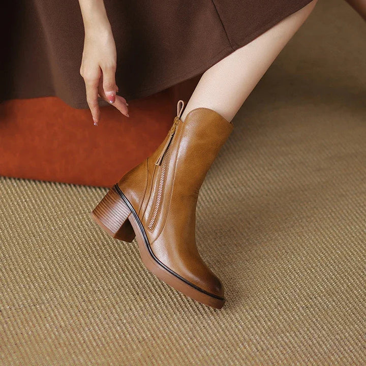 Women's Orthopedic Ankle Boots - Leather Zip up Round Toe Block Heel Style