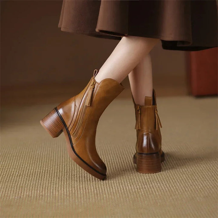 Women's Orthopedic Ankle Boots - Leather Zip up Round Toe Block Heel Style