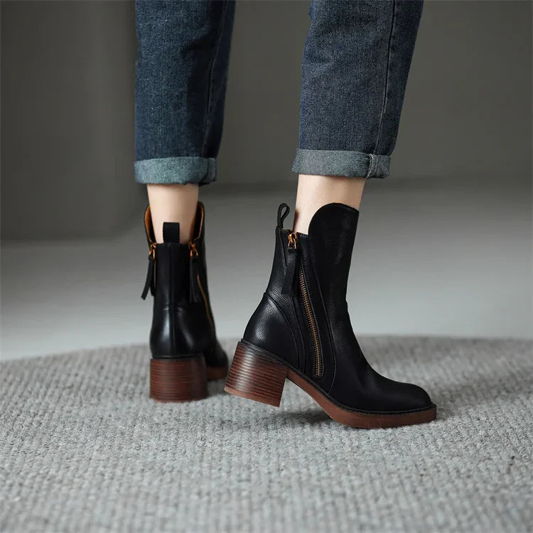 Women's Orthopedic Ankle Boots - Leather Zip up Round Toe Block Heel Style