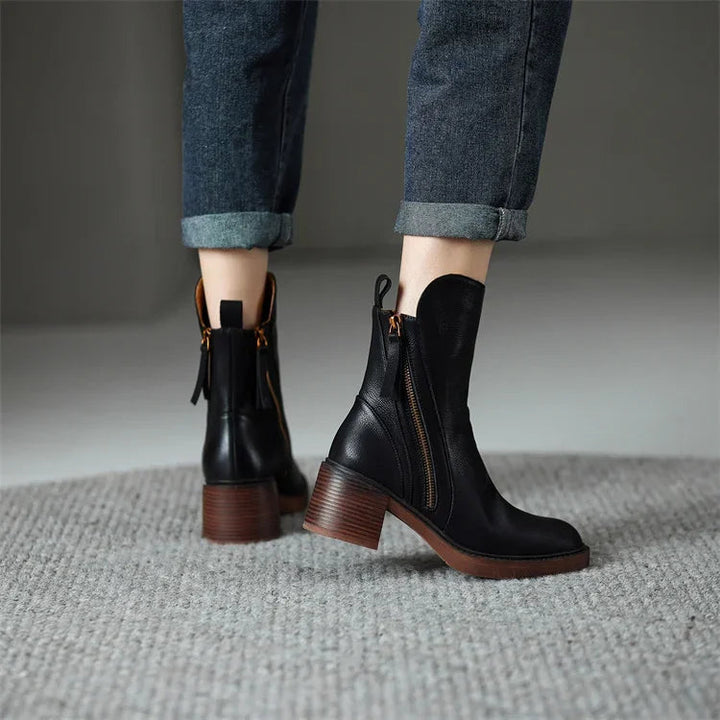 Women's Orthopedic Ankle Boots - Leather Zip up Round Toe Block Heel Style