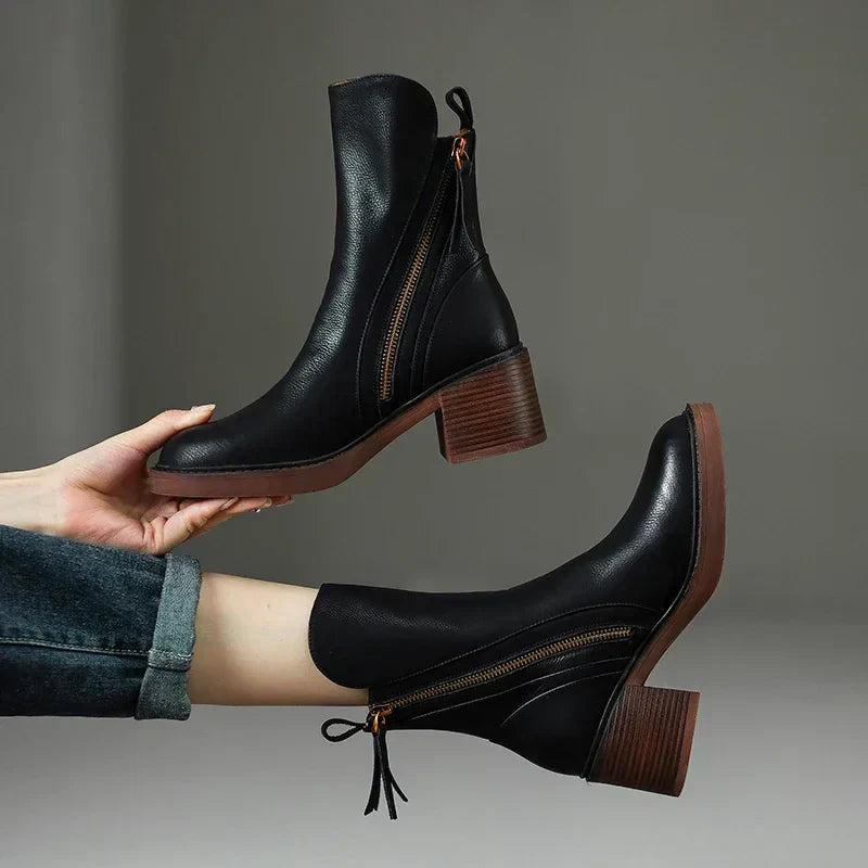 Women's Orthopedic Ankle Boots - Leather Zip up Round Toe Block Heel Style