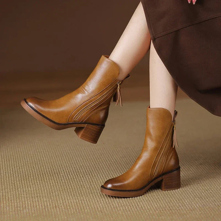 Women's Orthopedic Ankle Boots - Leather Zip up Round Toe Block Heel Style