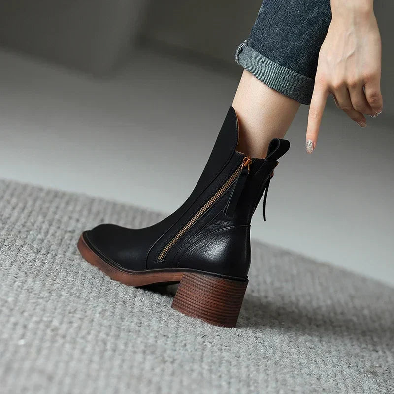 Women's Orthopedic Ankle Boots - Leather Zip up Round Toe Block Heel Style