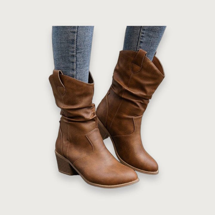 Women’s Cowboy Leather Boots - Thick Sole Western Style Ankle Boots