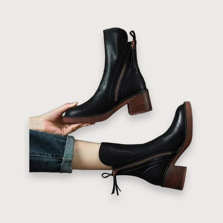 Women's Orthopedic Ankle Boots - Leather Zip up Round Toe Block Heel Style