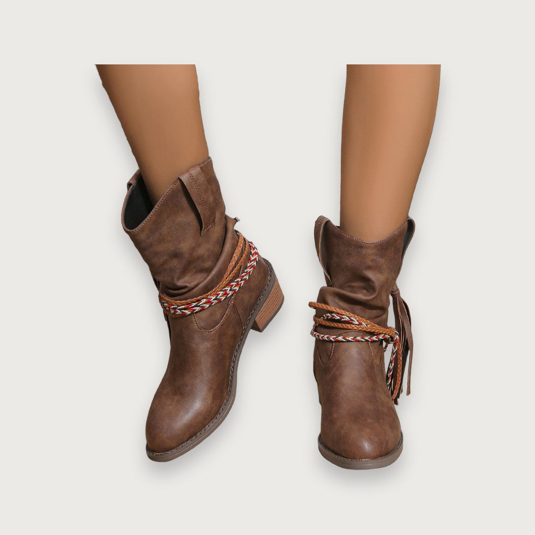 Women’s Vintage Ankle Boots - PU Leather Tassel Cowboy Boots